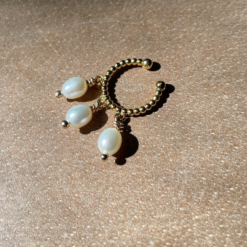 Gold earring cuff with 3 Genuine Fresh Water Pearl Drops